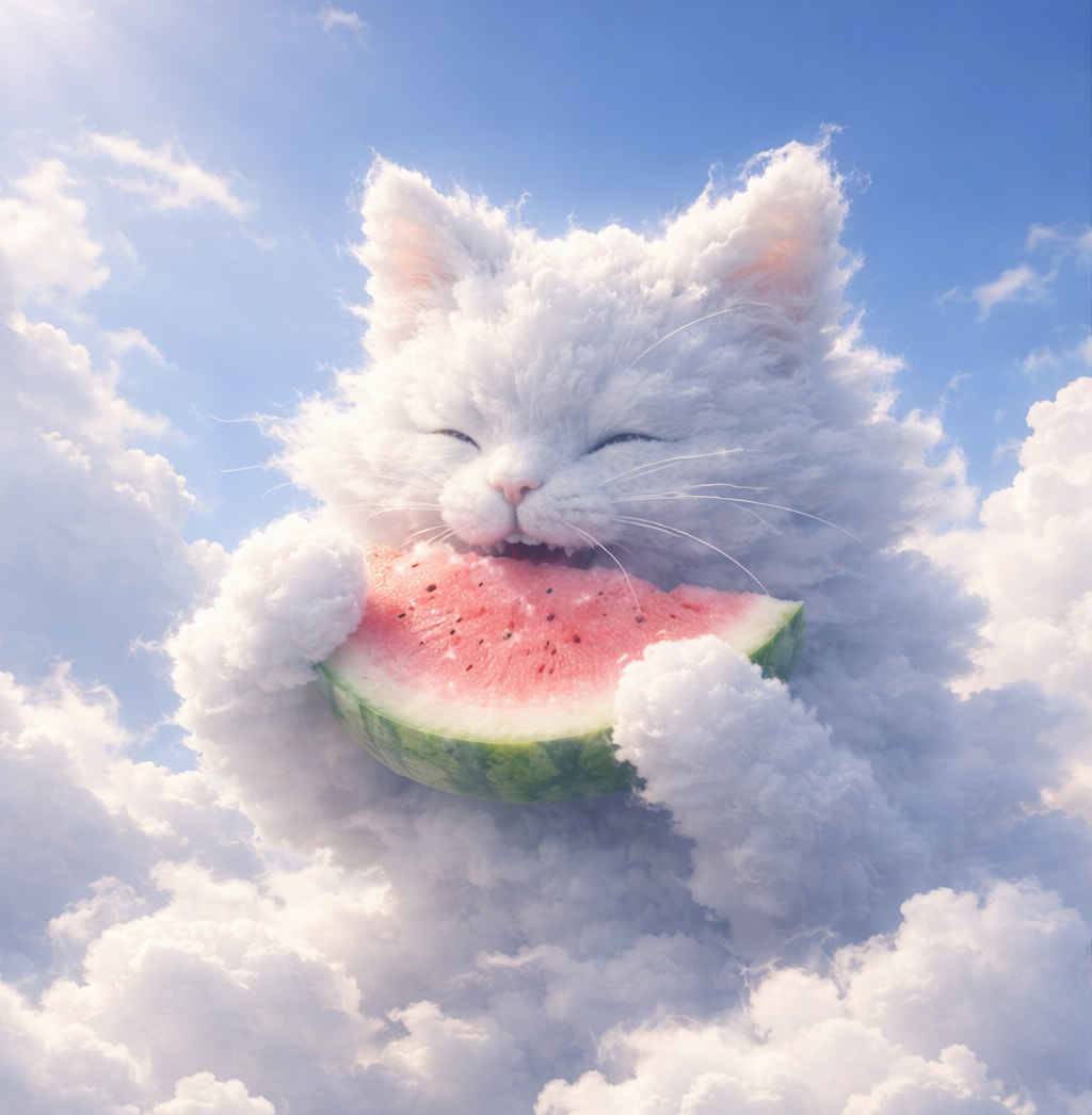 Cat eating watermelon under clouds